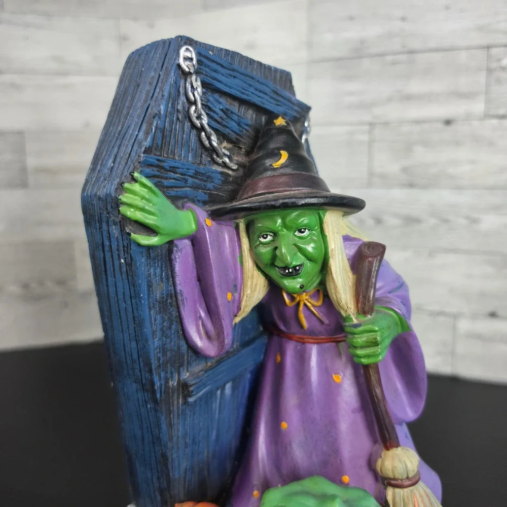 Vintage Halloween Witch Figurine Coffin Cauldron Pumpkin Resin Decor 11 inch
